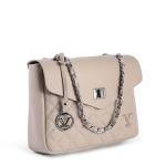 Beige quilted leather handbag with chain strap.