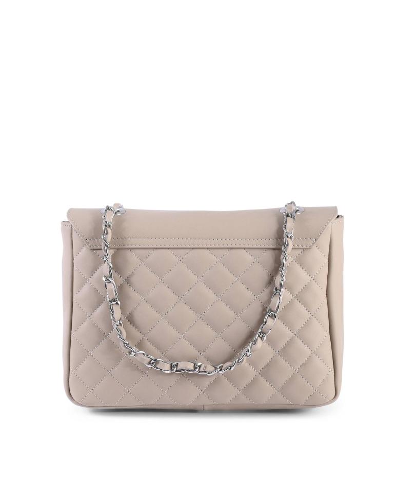 Beige quilted handbag with chain strap.