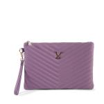 Purple quilted clutch bag with detachable strap.