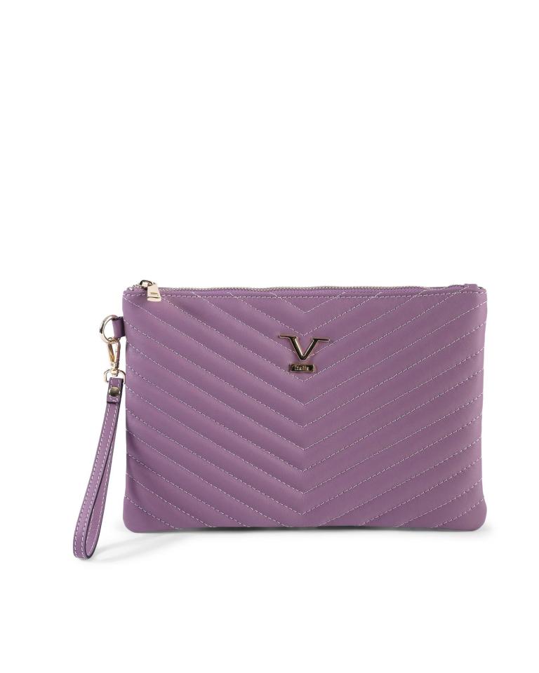 Purple quilted clutch bag with detachable strap.