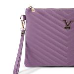 Purple clutch bag with strap and zip.