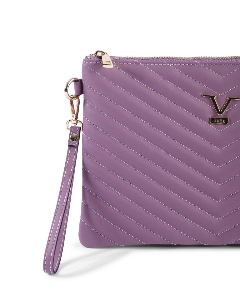 Purple clutch bag with strap and zip.