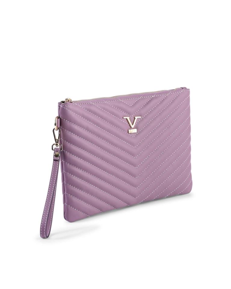Lilac quilted clutch with wrist strap and logo