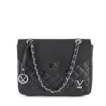 Black quilted handbag with chain strap detail.