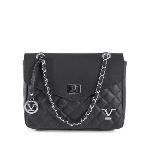 Black quilted handbag with chain strap detail.