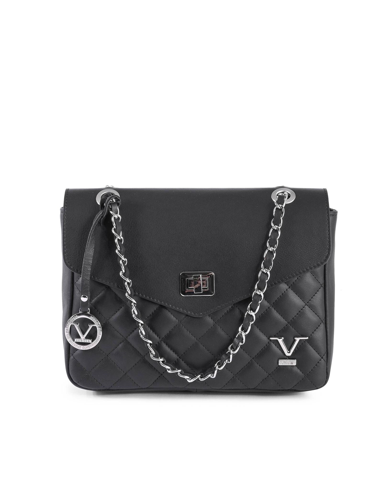 Black quilted handbag with chain strap detail.