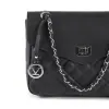 v italia womens quilted leather crossbody shoulder bag with chain strap black Black leather handbag with silver chain strap.