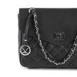 Black leather handbag with silver chain strap.