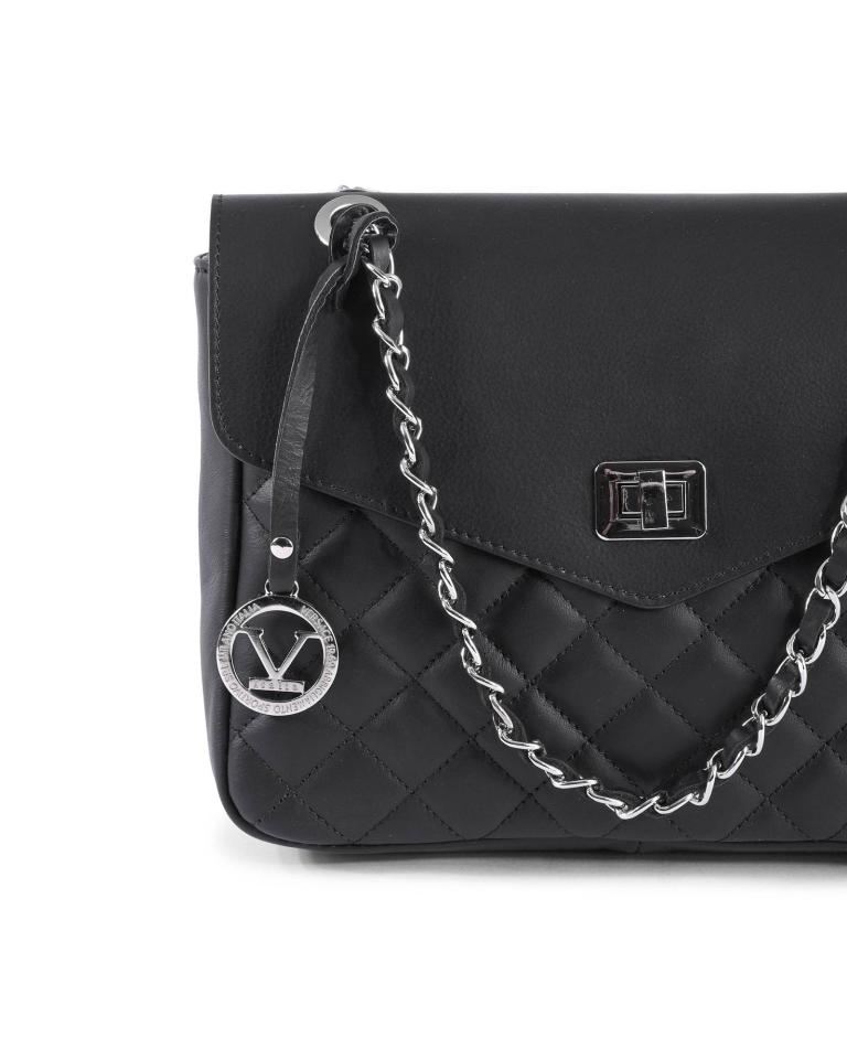 Black leather handbag with silver chain strap.