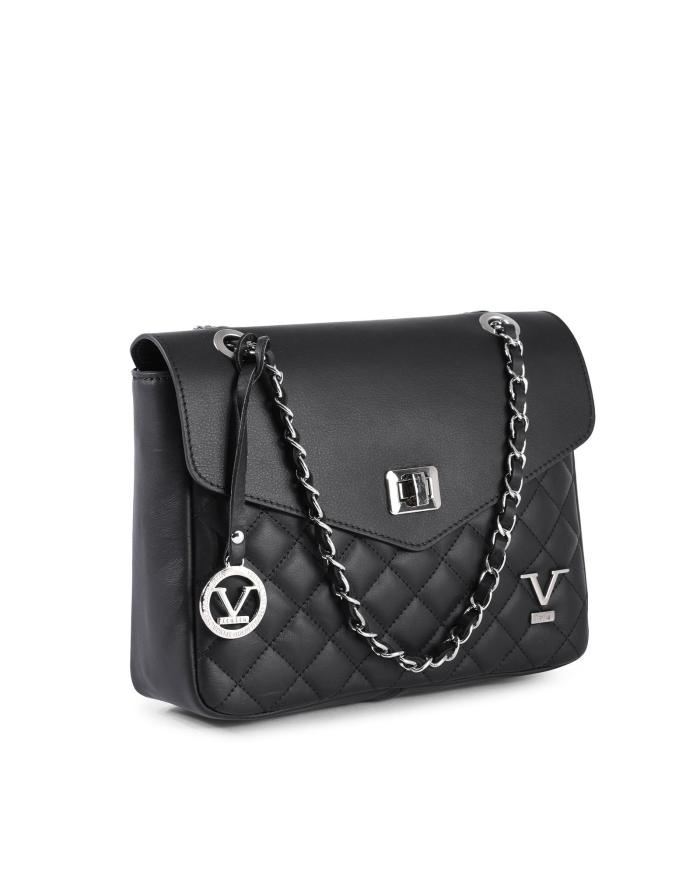 v italia womens quilted leather crossbody shoulder bag with chain strap black Black quilted handbag with chain strap