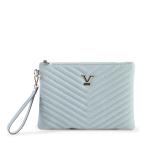 Light blue quilted wristlet with zip closure.
