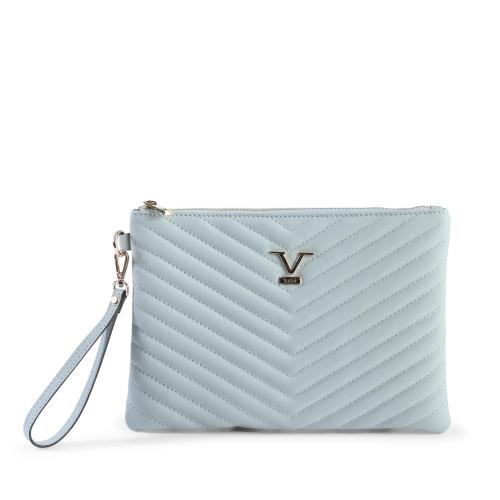 Light blue quilted wristlet with zip closure.