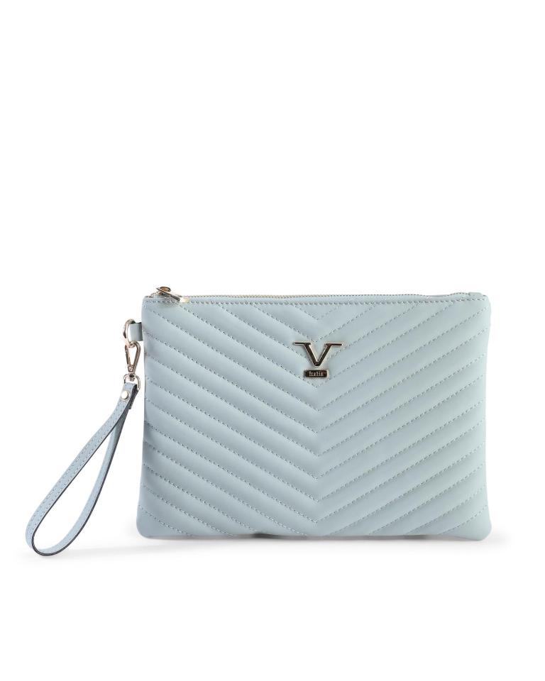 Light blue quilted wristlet with zip closure.