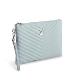 Light blue quilted clutch with wrist strap.