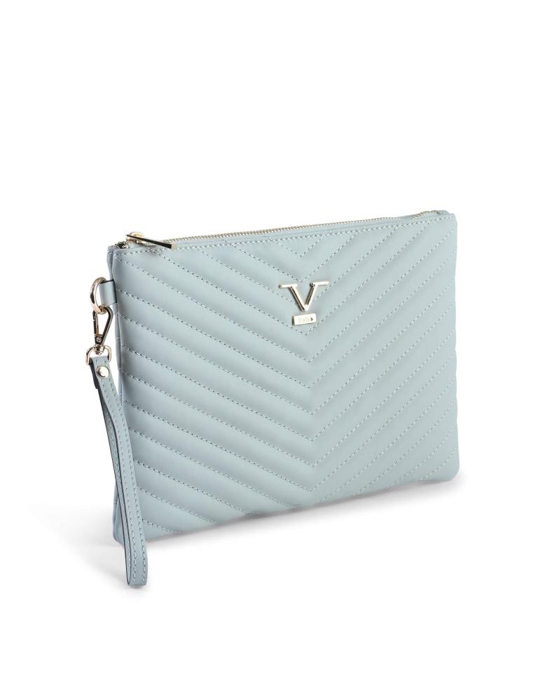 Light blue quilted clutch with wrist strap.