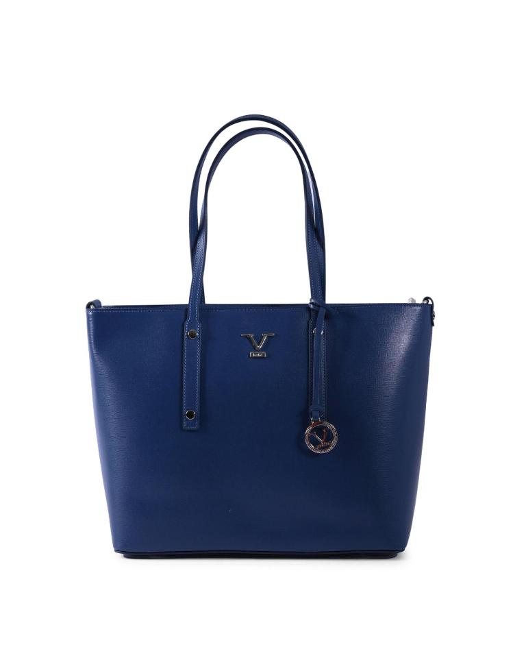 Elegant blue leather handbag with handles