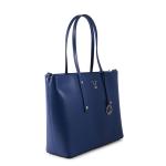 Blue leather handbag with silver logo charm.