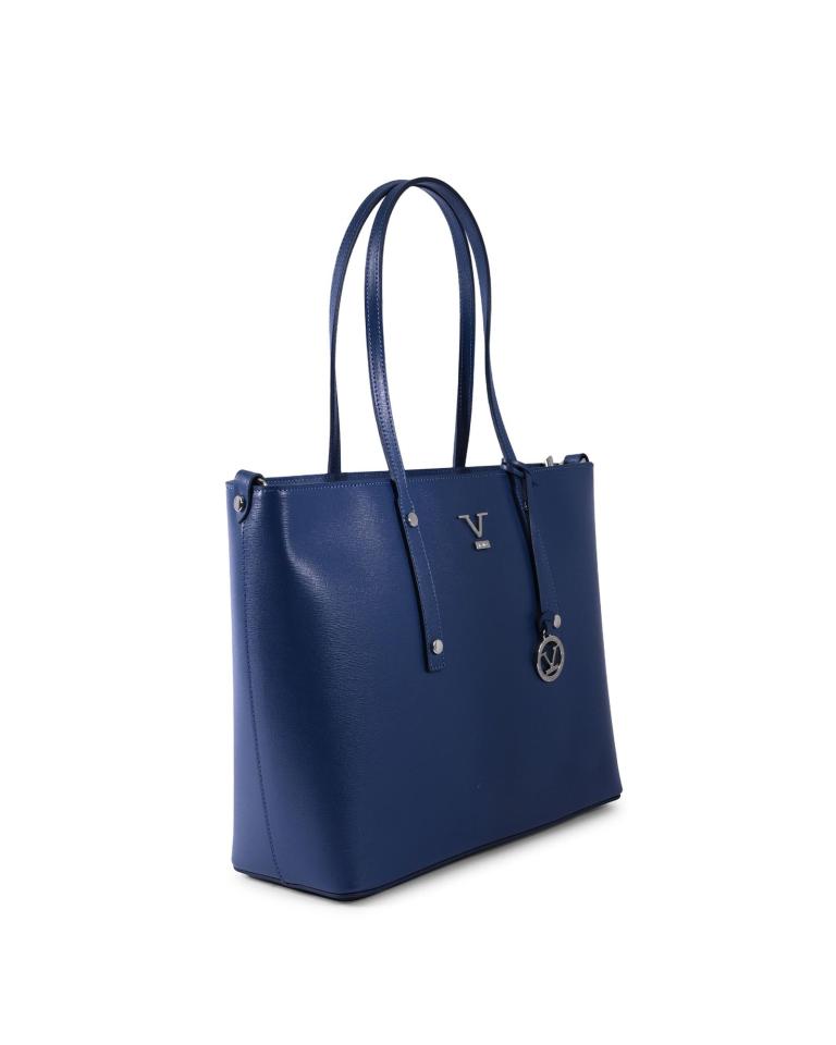 Blue leather handbag with silver logo charm.