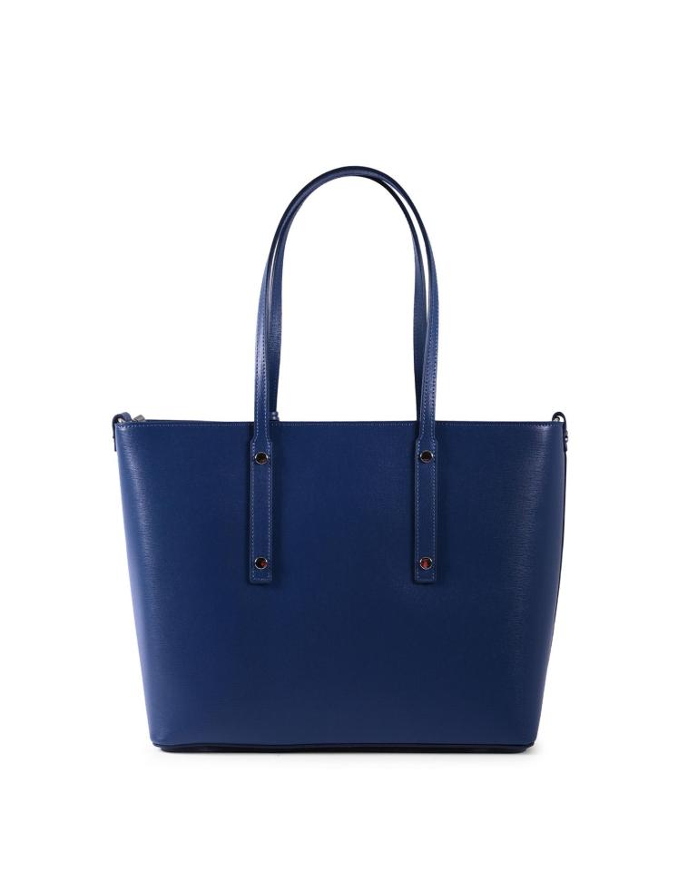 Blue leather tote handbag with handles