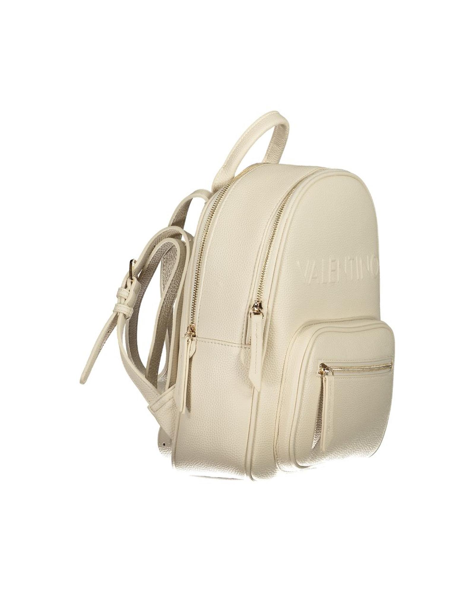 Cream backpack with multiple compartments and zippers.