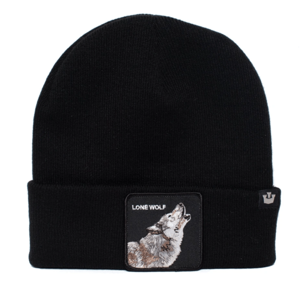 v563 107 0120 blk 202503310916 00.png Black beanie with embroidered howling wolf patch.