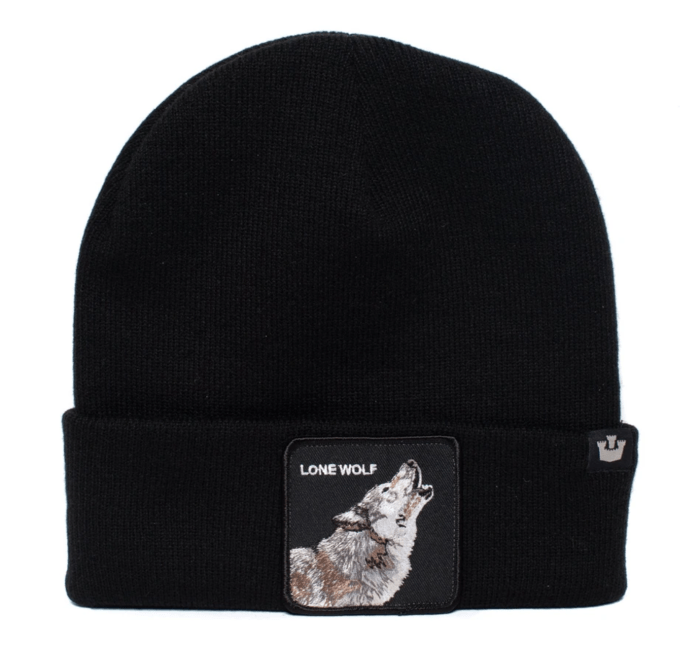 goorin lone wolf man beanie hat warm winter ski animal series black Black beanie with lone wolf patch