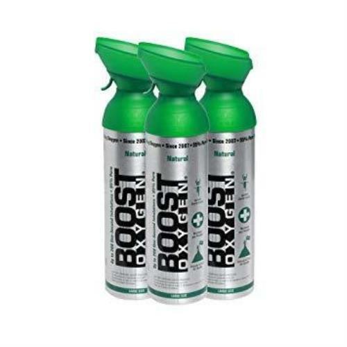 Three cans of Boost Oxygen with green caps.