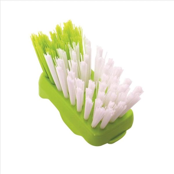 Green and white scrubbing brush for cleaning surfaces.