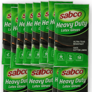 Sabco heavy duty latex gloves packaging.