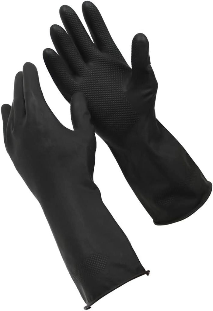 Black rubber cleaning gloves with textured grip