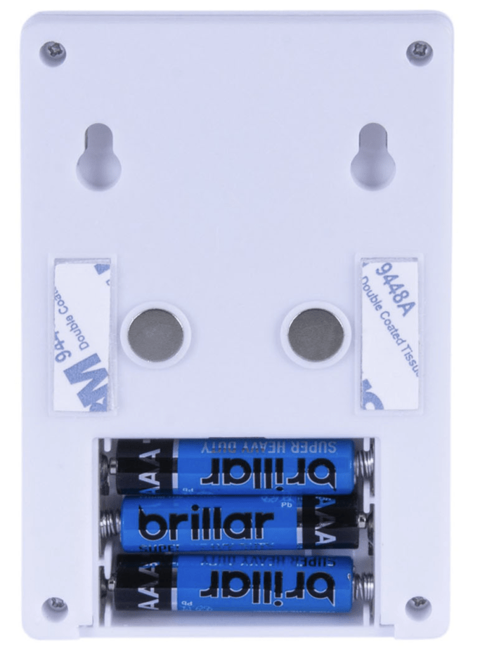 brillar wireless dimmer light with cob led technology white Battery compartment with three AAA batteries installed.