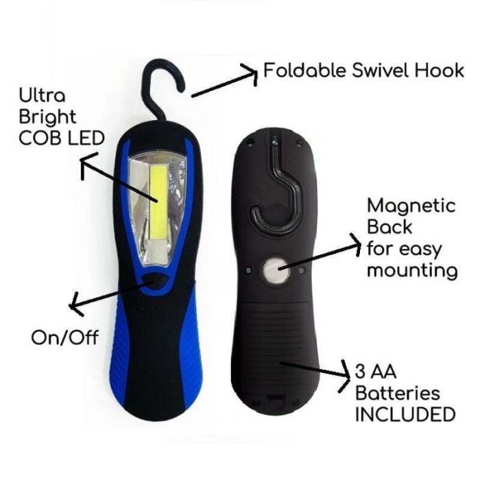 Portable LED light with hook and magnetic back.