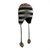 Striped winter beanie with ear flaps and tassels.