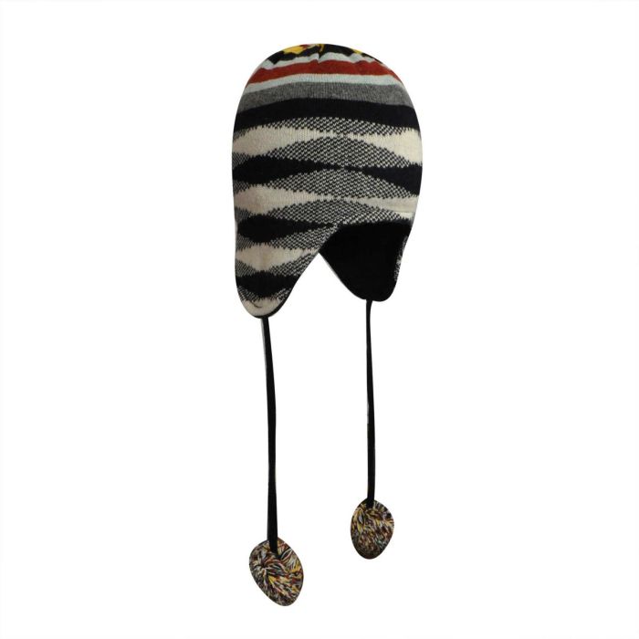 Striped winter beanie with ear flaps and tassels.