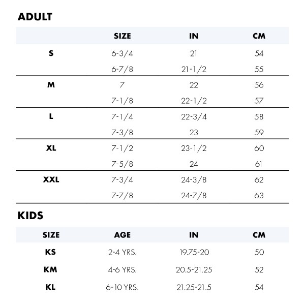 Hat size guide for adults and kids.