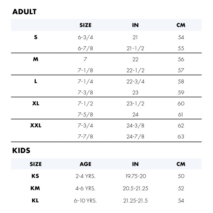 Hat size guide for adults and kids.