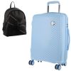 v563 monacolargeblue freebag 202505231030 00.jpg Blue suitcase and black backpack with bow