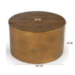 Round bronze coffee table with dimensions.