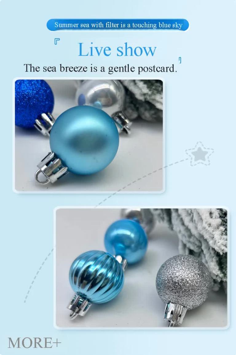 Close-up of blue Christmas ornaments on display.