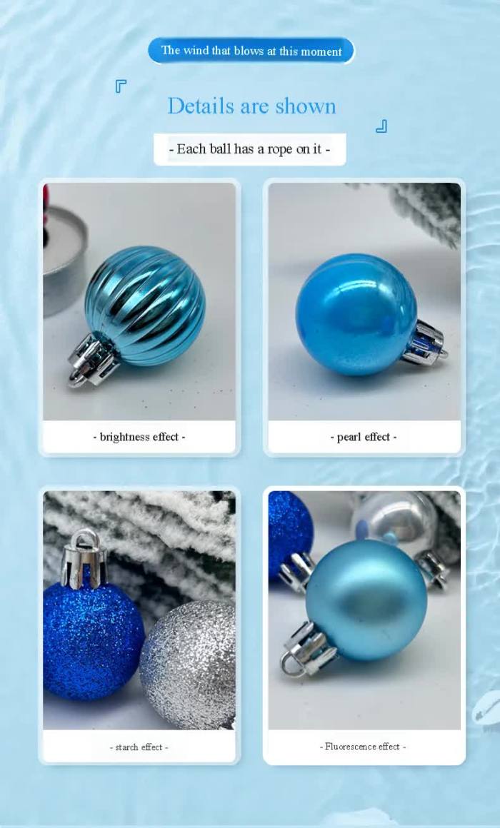 49 piece christmas ornament set 3cm blue, silver baubles for christmas tree decoration Four blue and silver Christmas baubles with different effects.