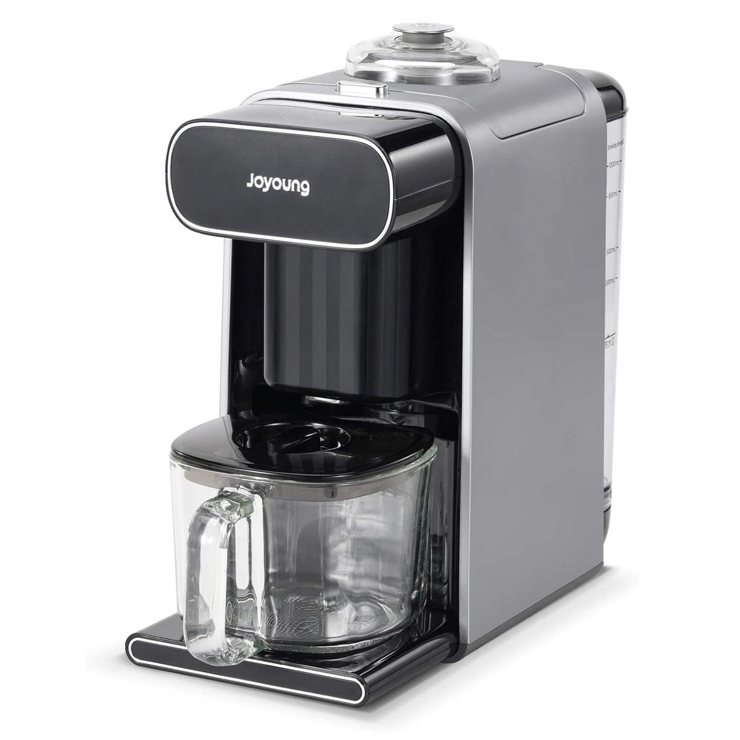 Sleek black coffee machine with glass pot