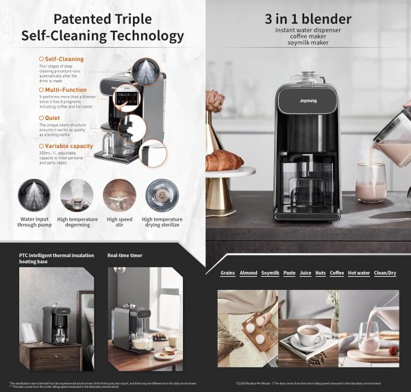 joyoung k1s pro soymilk machine soybean milk coffee maker juicer water dispenser 3-in-1 blender with self-cleaning and multi-function features.