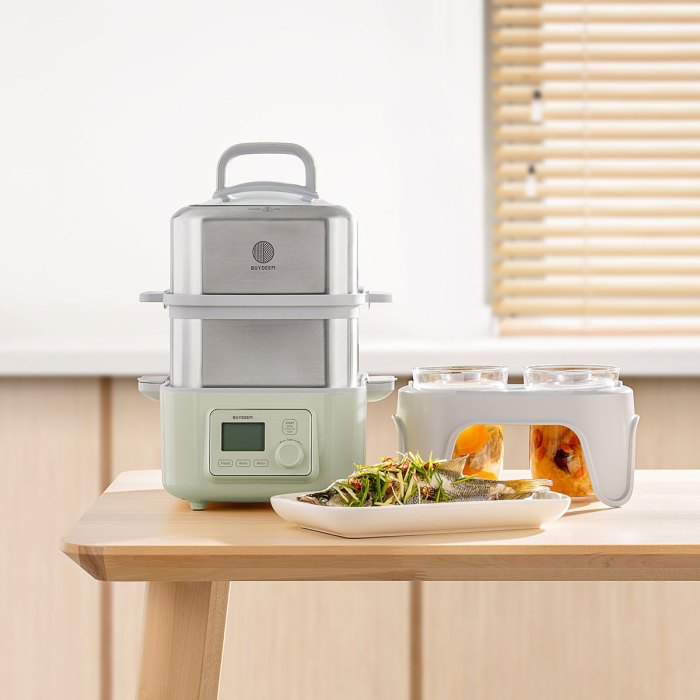 buydeem double tier 10l electric one touch digital multifunctional food steamer Electric food steamer on kitchen bench with cooked fish.