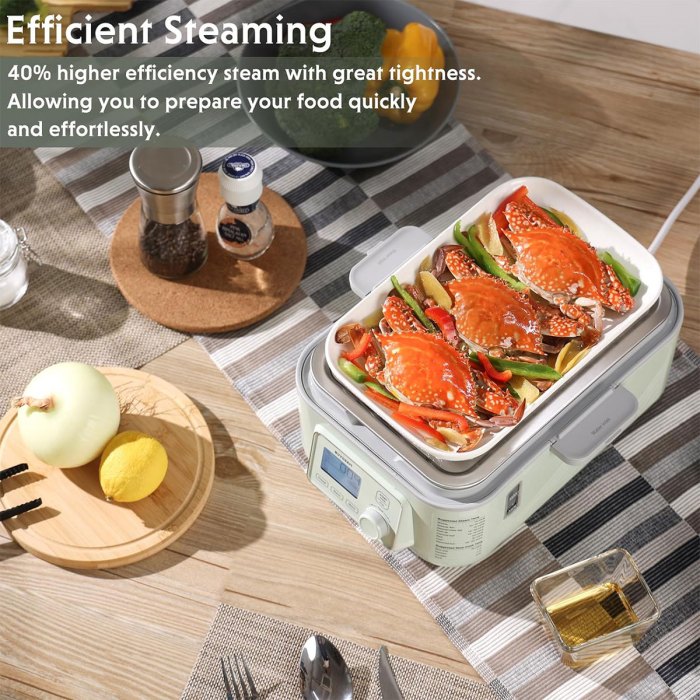 buydeem double tier 10l electric one touch digital multifunctional food steamer Efficient steamer with crabs and vegetables on table.