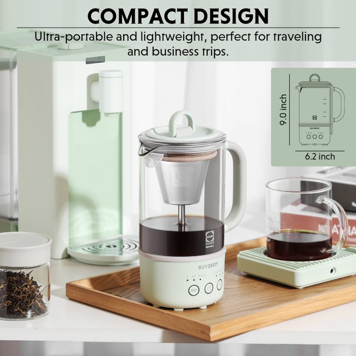 buydeem mini multi function tea/coffee maker k32 600ml Compact travel coffee maker with measurements.