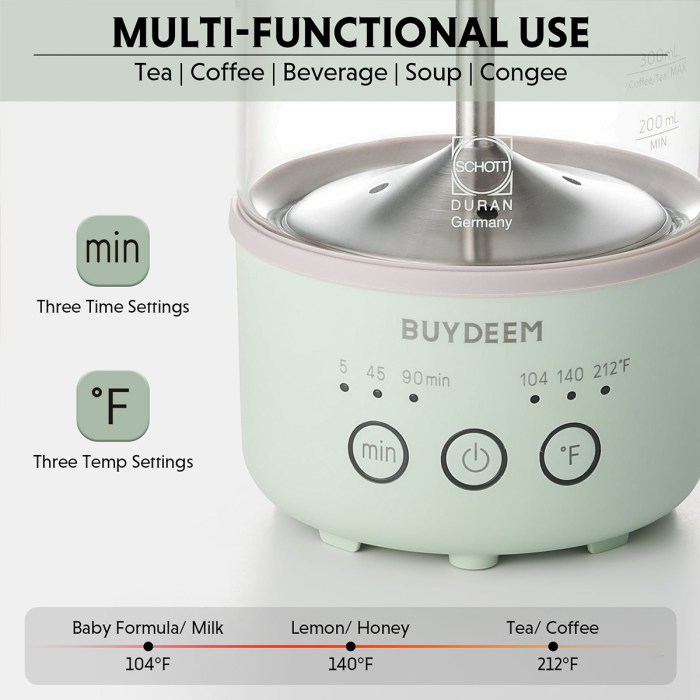 buydeem mini multi function tea/coffee maker k32 600ml Buydeem multi-functional appliance with time and temperature settings.