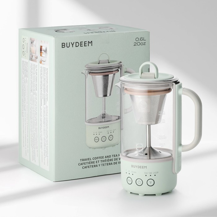 buydeem mini multi function tea/coffee maker k32 600ml Buydeem tea maker with packaging, mint green.