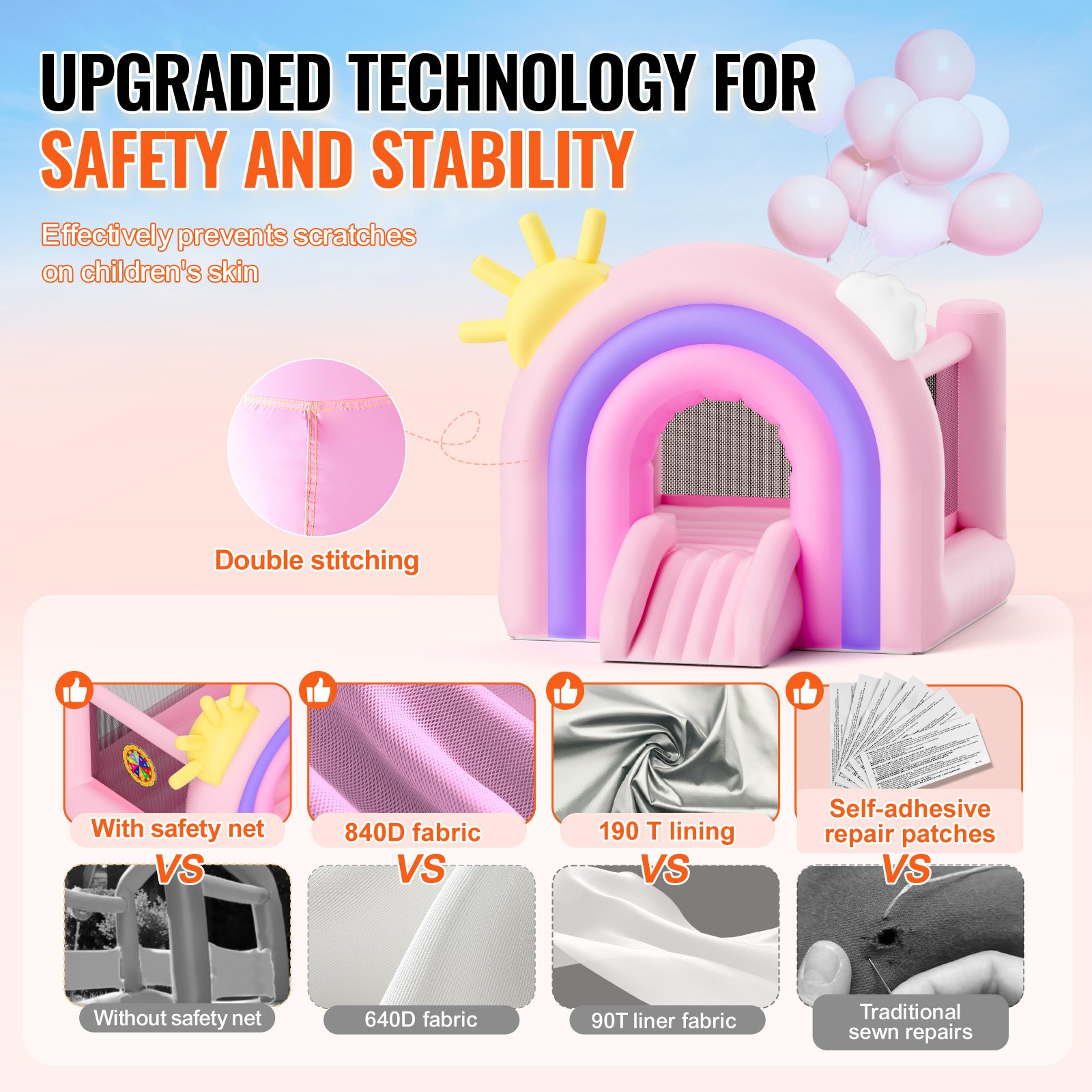 Children's inflatable bouncy castle with safety features.