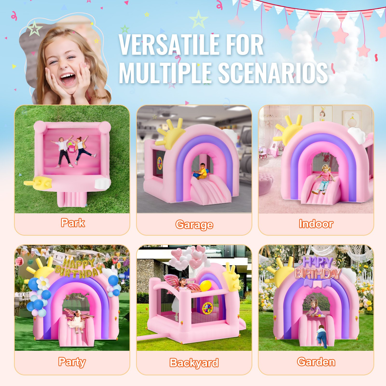 Pink bouncy castle for various outdoor scenarios