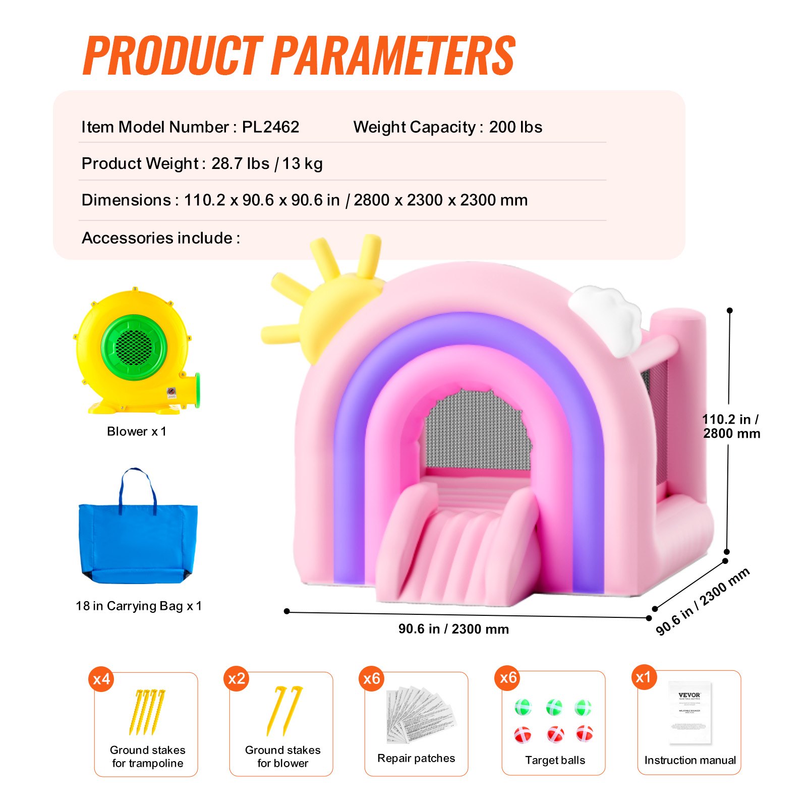 Inflatable rainbow bounce house dimensions and accessories.